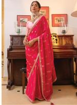 Viscose Sattin Hot Pink Party Wear Embroidery Work Saree